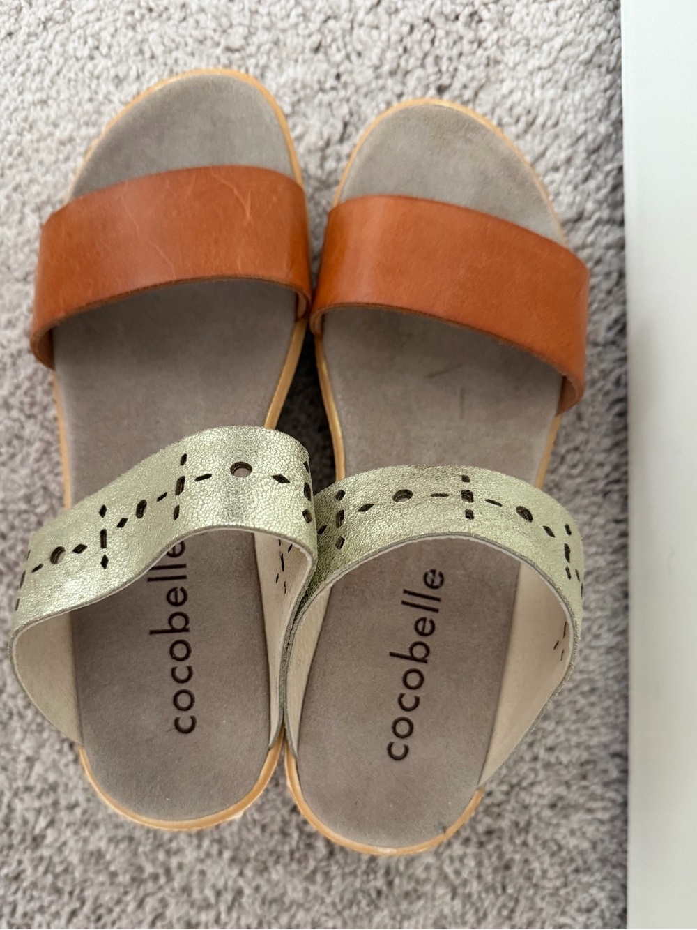 Cocobelle Two-Tone Platform Slide Sandals in Tan and Metallic Gold